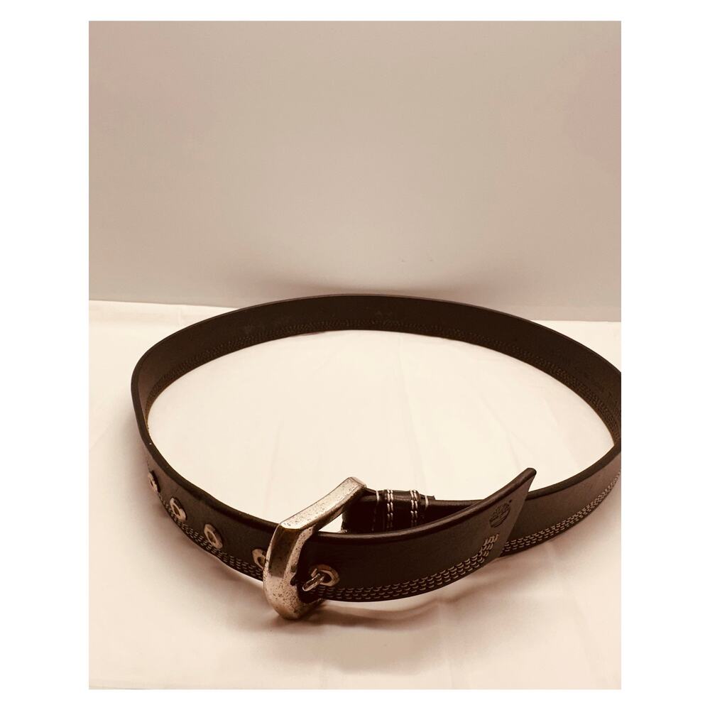 Timberland Men's Genuine Leather Black Belt Silver Buckle Light Stitching *READ*